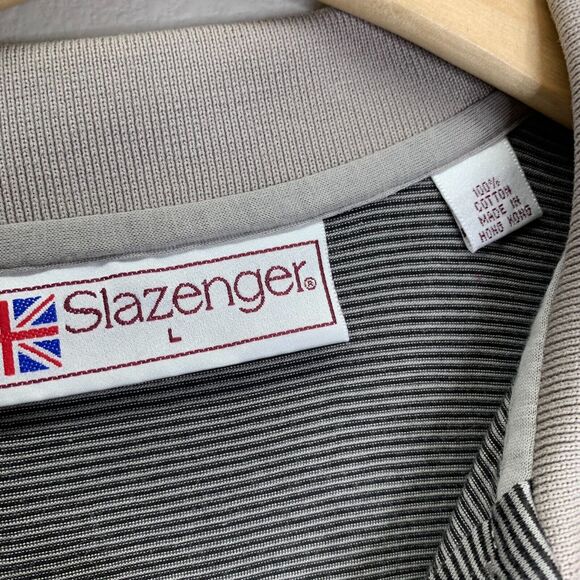 Slazenger Polo Shirt Mens L Striped Logo Golf Tennis Gray Classic Dadcore - Picture 4 of 6